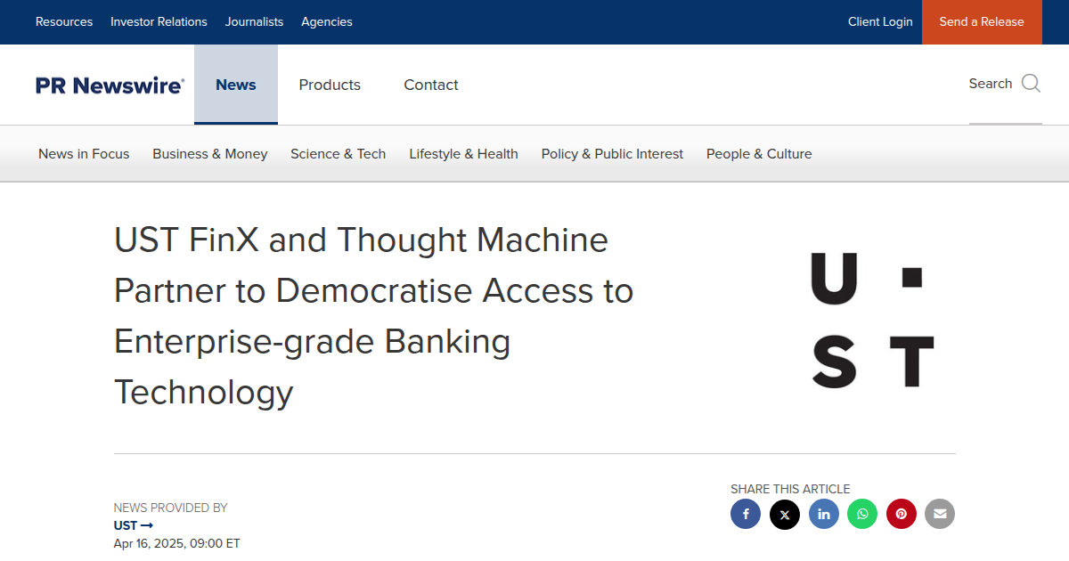 UST FinX and Thought Machine Partner to Democratize Core Banking Tech