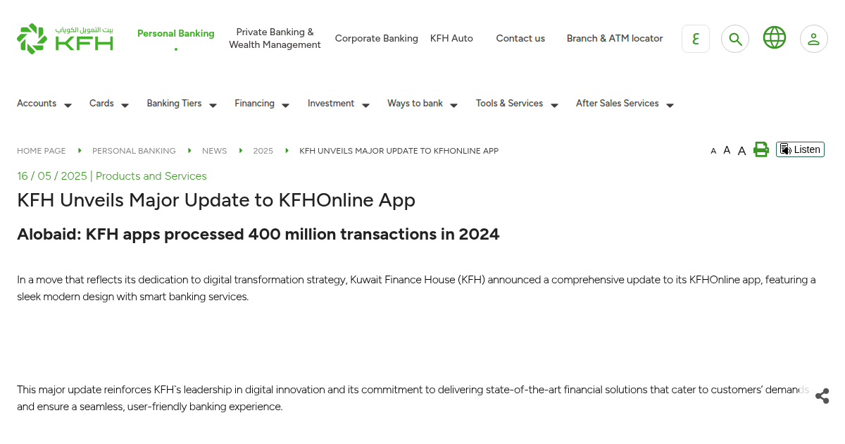 Kuwait Finance House Unveils Major Update to KFHOnline App with Smart Banking Services