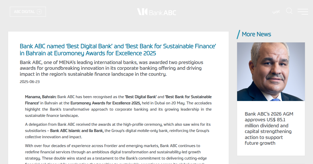 Bank ABC Wins Euromoney 'Best Digital Bank in Bahrain' Award for 2025