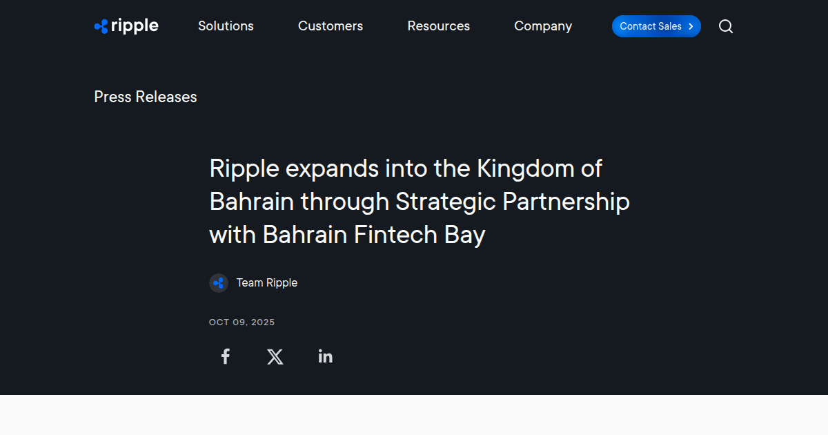 Ripple expands into Bahrain through Strategic Partnership with Bahrain Fintech Bay