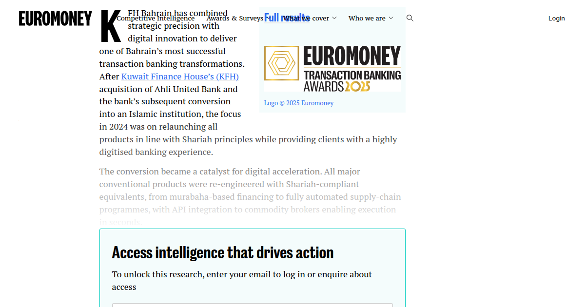 KFH Bahrain Recognised as Bahrain's Best Transaction Bank 2025 by Euromoney