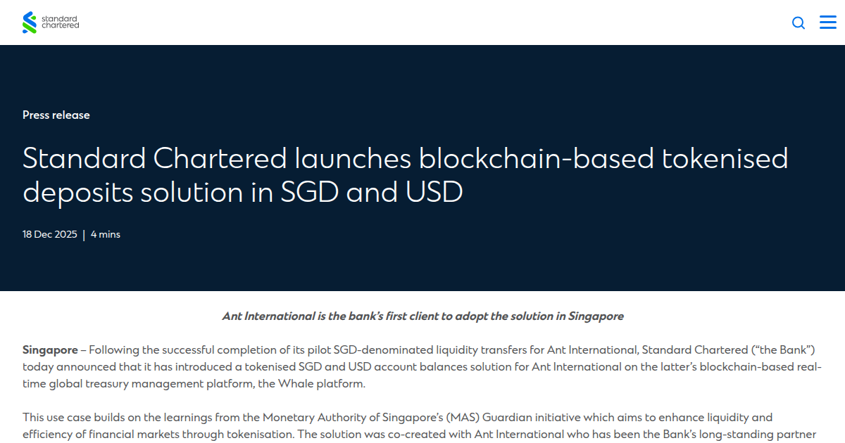 Standard Chartered Launches Blockchain-Based Tokenised Deposits Solution
